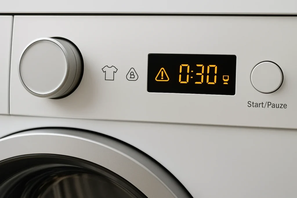 Bediening van een moderne droger met storing symbolen op display.