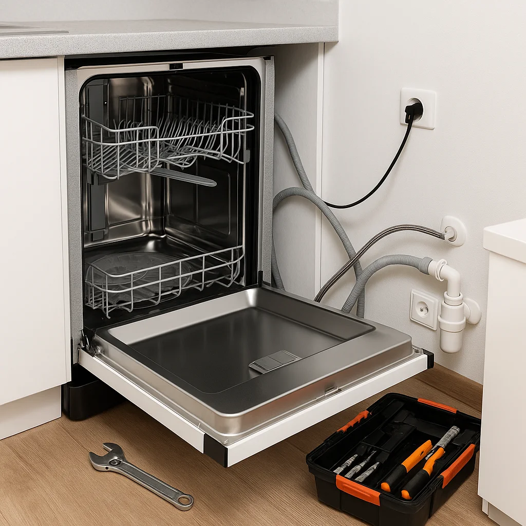 Een monteur installeert een vaatwasser in een moderne keukenruimte, omringd door keukenkastjes.