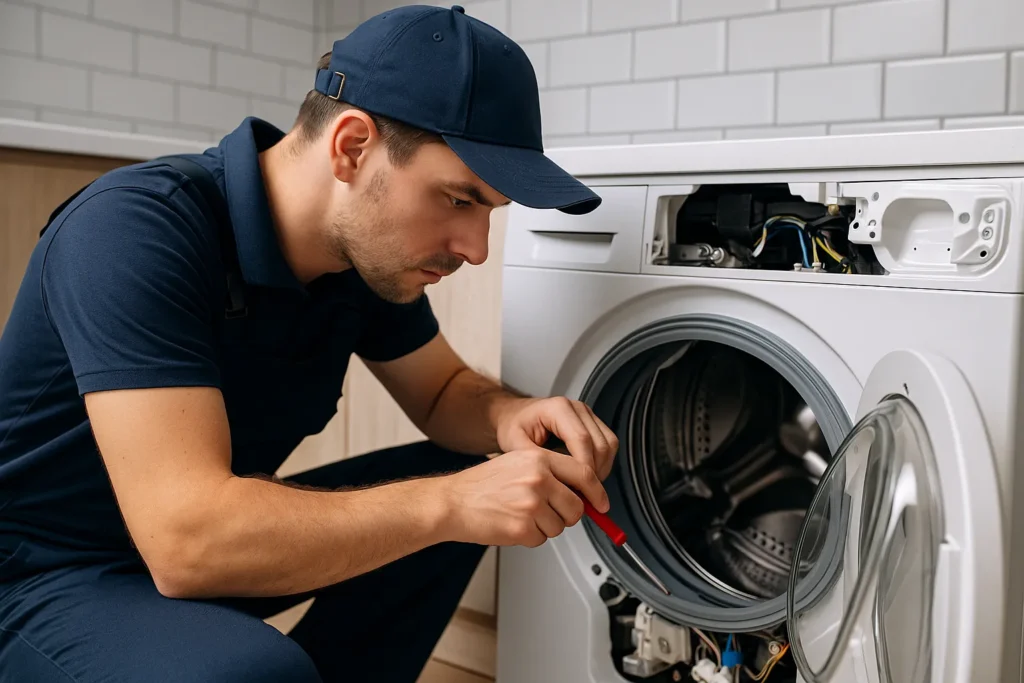 Witgoedmonteur controleert een open voorlader wasmachine met multimeter in moderne bijkeuken.