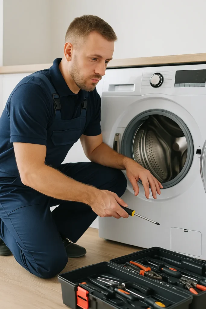 Monteur onderzoekt een wasmachine met open deur en gereedschapskist