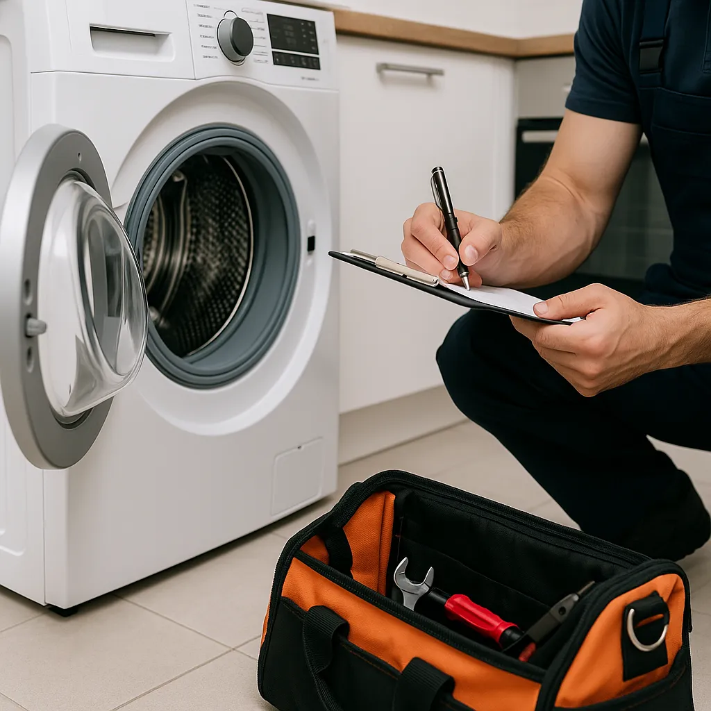 Technicus noteert gegevens voor witgoedreparatie naast wasmachine