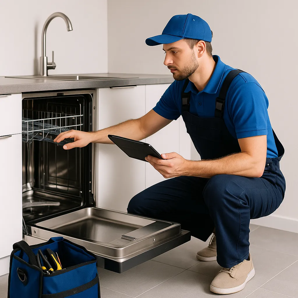 Vaatwasser monteur bij ingebouwde afwasmachine tijdens diagnose of reparatie