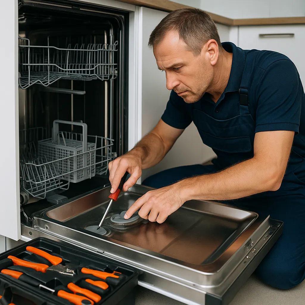 Technicus repareert roestvrijstalen vaatwasser in moderne keuken