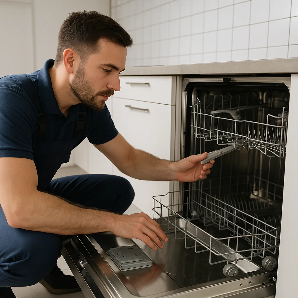 Monteur controleert sproeiarm in openstaande vaatwasser