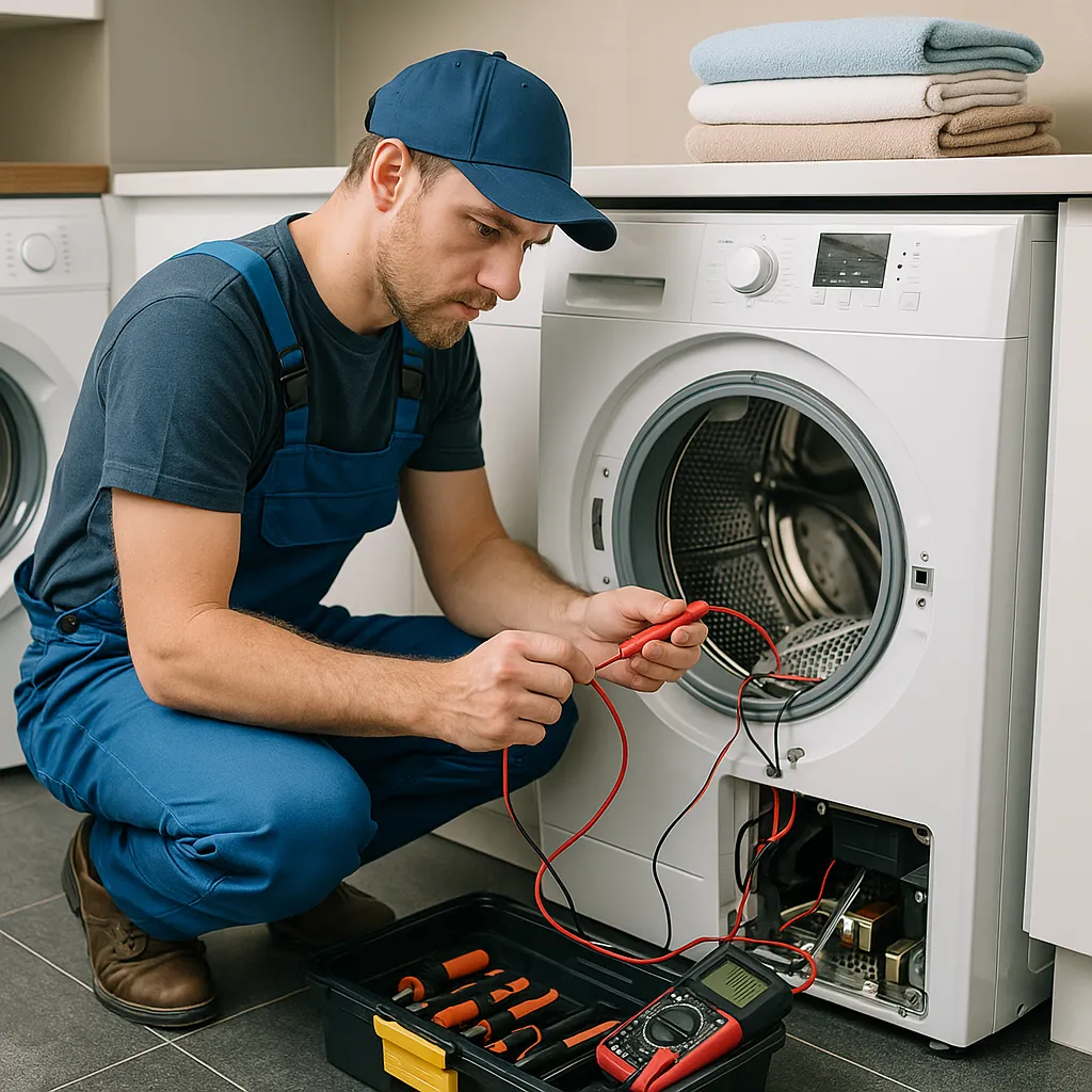 Monteur test wasdroger met multimeter in moderne wasruimte
