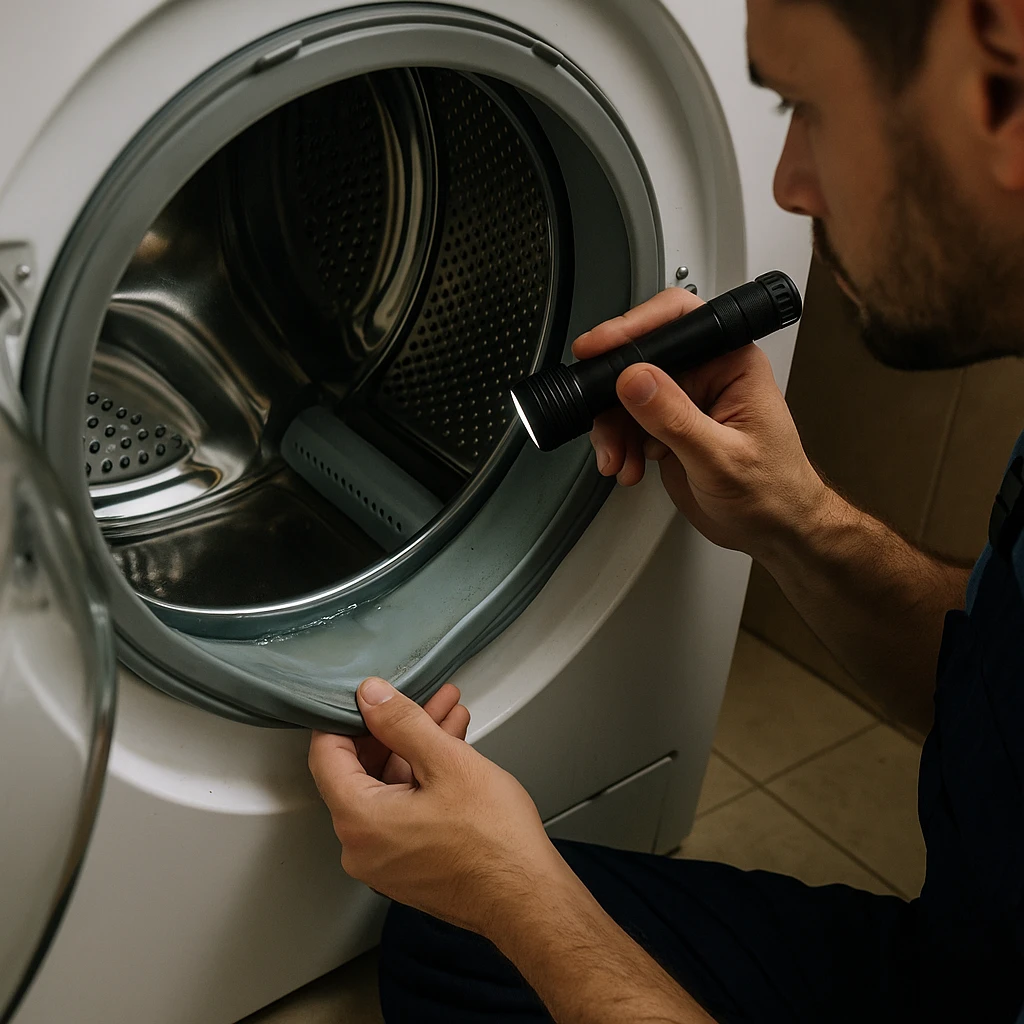 Monteur inspecteert wasmachine met zaklamp bij rubbermanchet