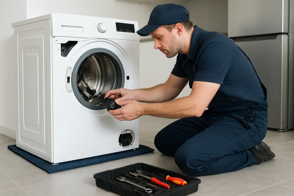 Monteur knielt voor open wasmachine en controleert onderdeel met gereedschapskoffer op de vloer