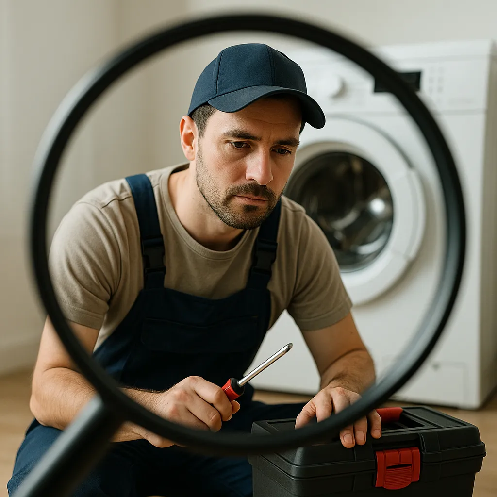 Technicus met gereedschapskist staat in werkkleding voor een wasmachine, vergrootglas in beeld