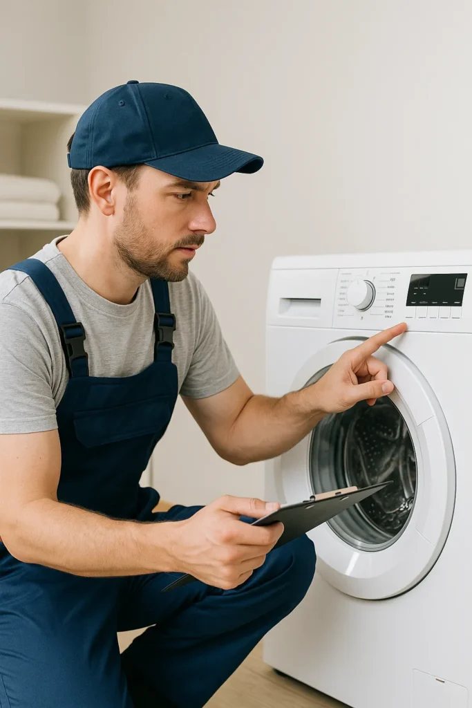 Monteur stelt wasmachine af met tablet in de hand
