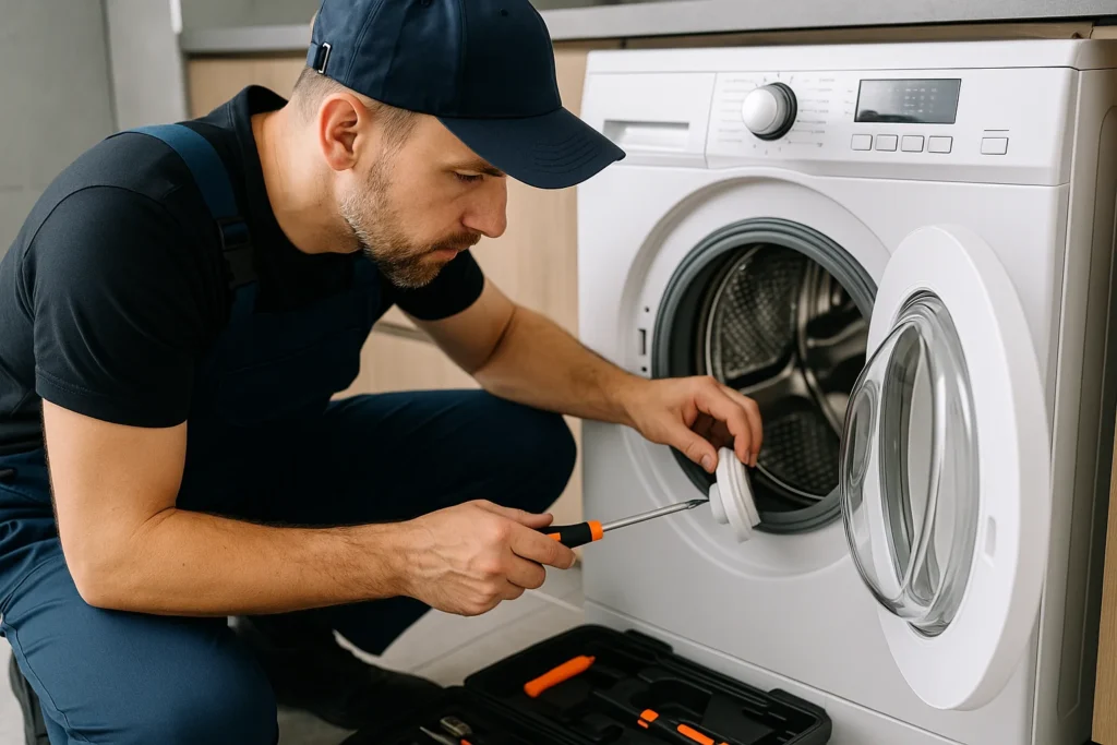 Wasmachine reparatie voert professionele reparatie uit met schroevendraaier