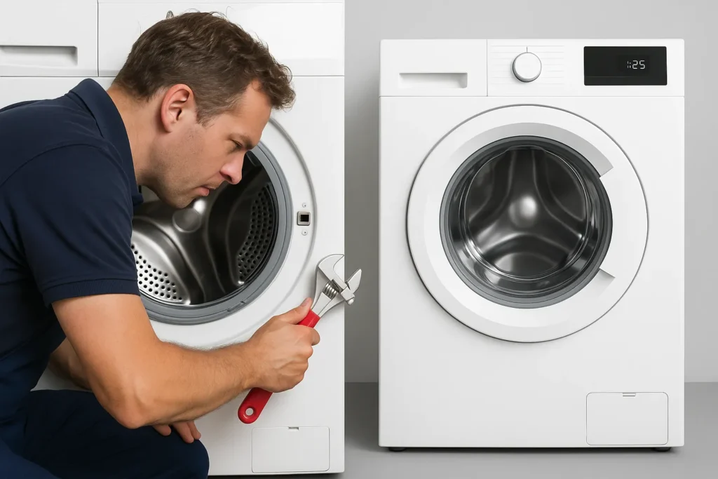 Witgoedmonteur inspecteert wasmachine met steeksleutel
