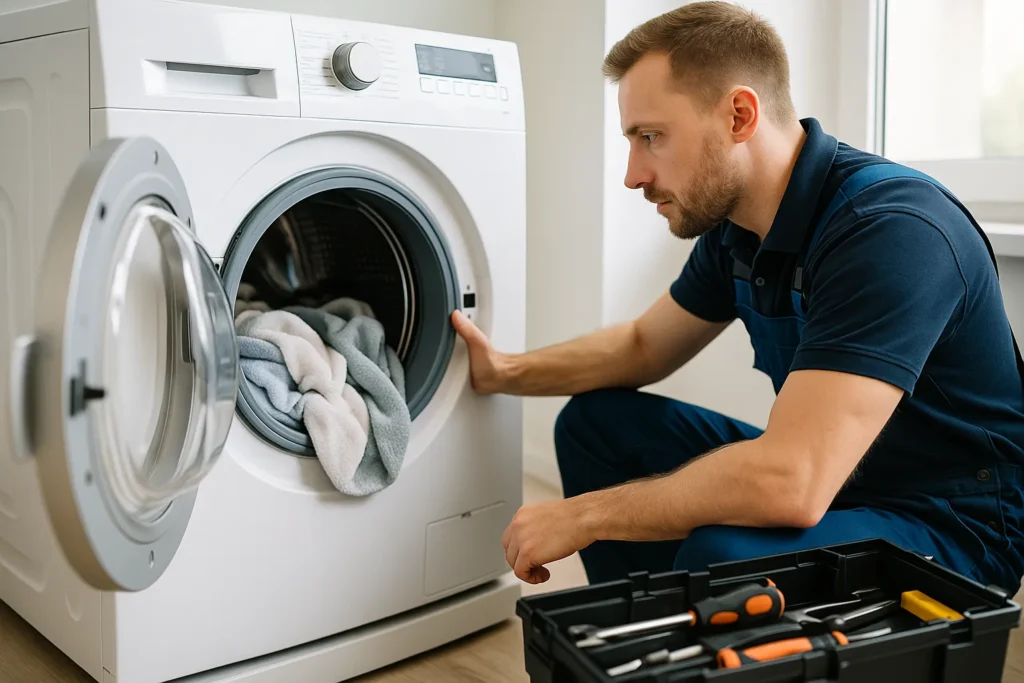 Monteur repareert moderne wasmachine met open deur en gereedschapskist