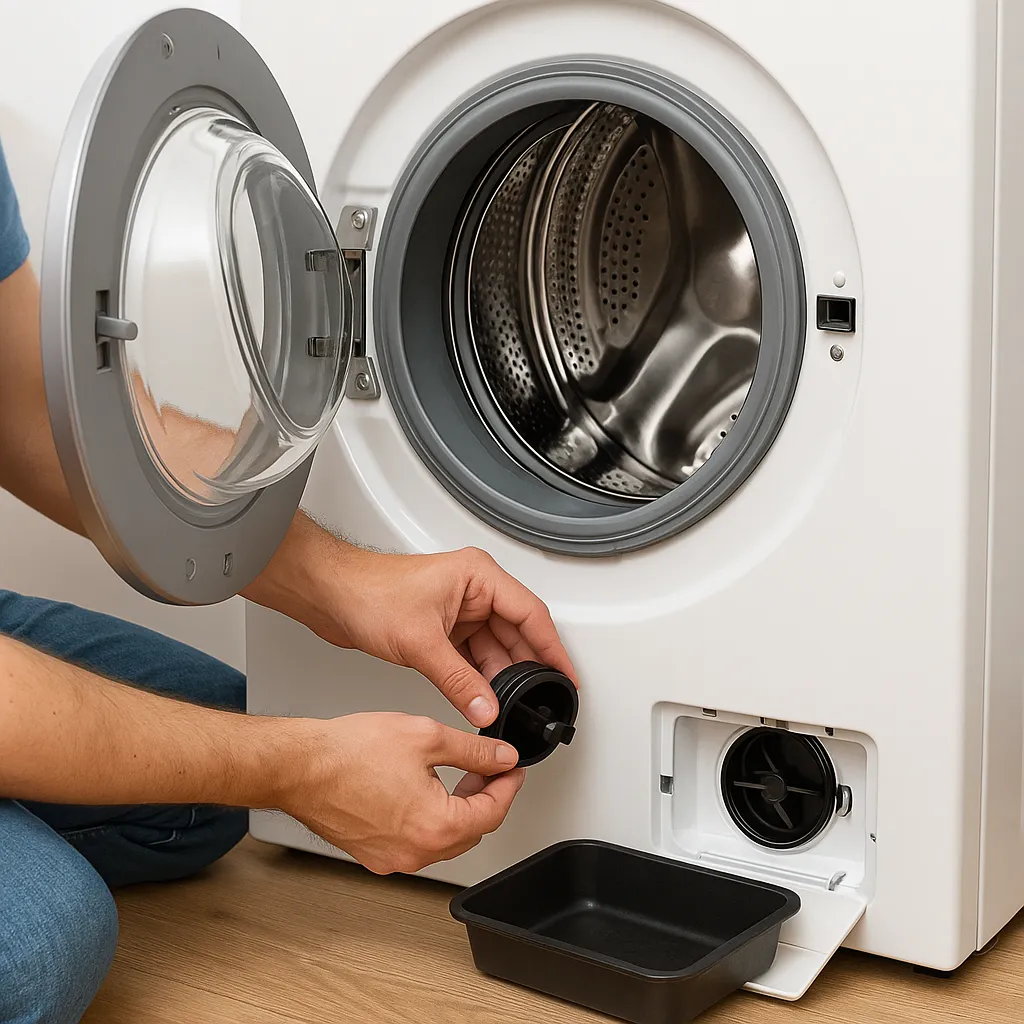 Persoon reinigt filter van voorladende wasmachine