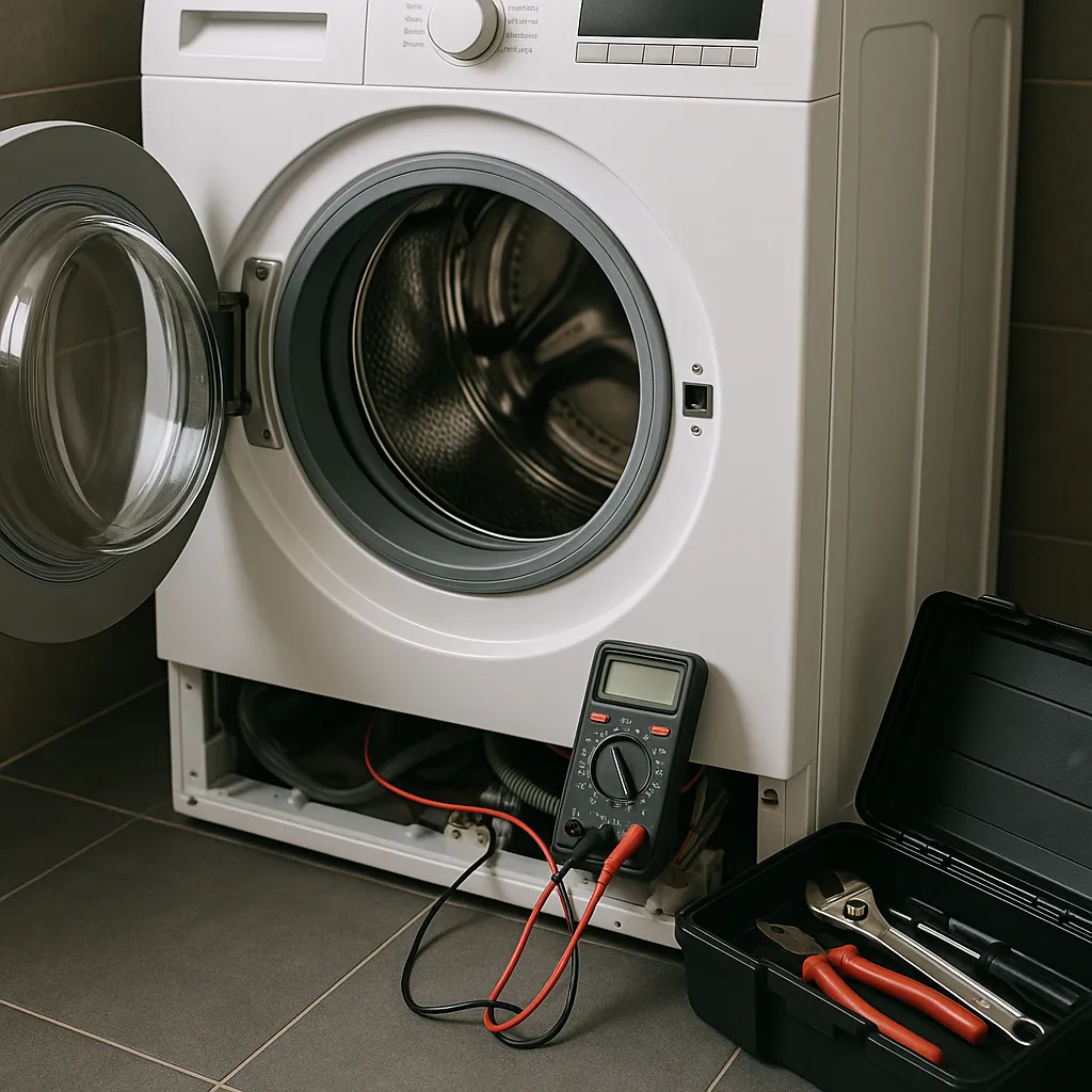 Voorlader wasmachine met geopende deur, multimeter en gereedschapskoffer
