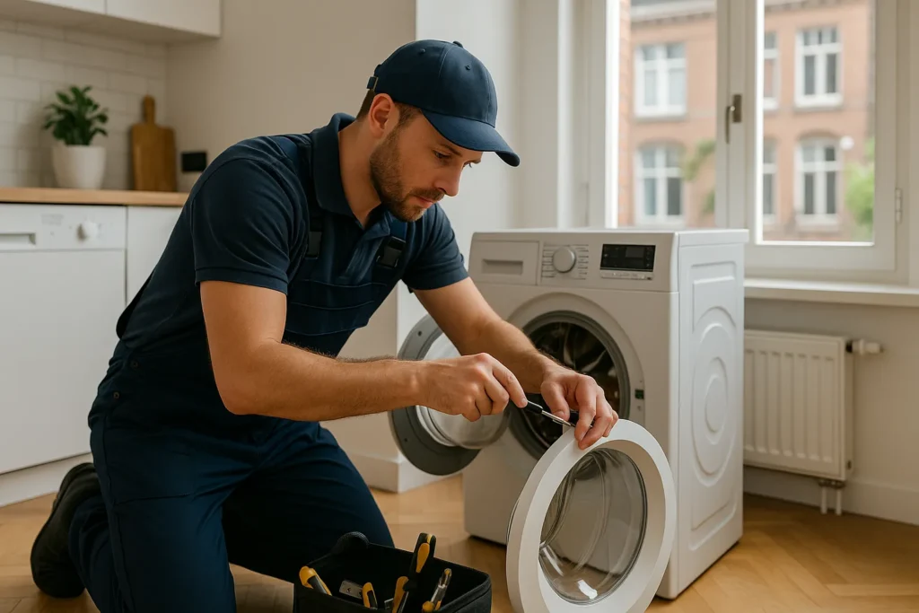 Witgoedmonteur in blauwe overall repareert koelkast in Amsterdams appartement met uitzicht op grachtenpanden.