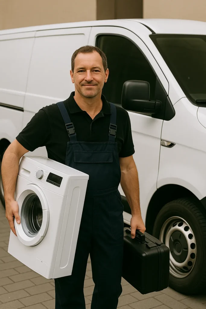 Monteur in blauwe overall naast witgoedbus met gereedschapskoffer en wasmachine