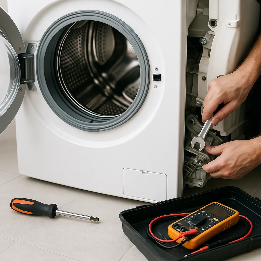 Reparatie van witgoed met gereedschap en pompcomponent op wasmachine