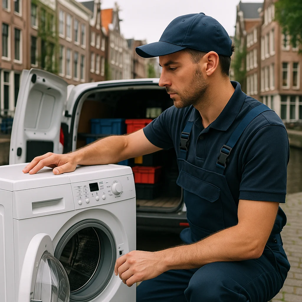 Monteur repareert wasmachine op Amsterdamse stoep langs gracht