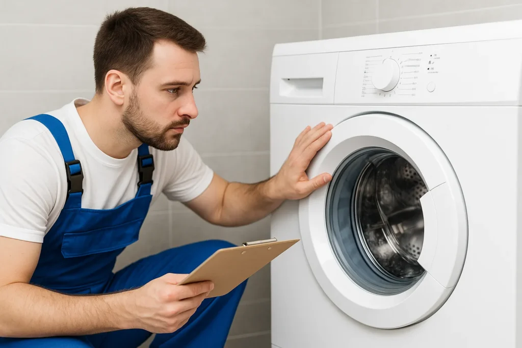 Monteur inspecteert wasmachine tijdens witgoed reparatie
