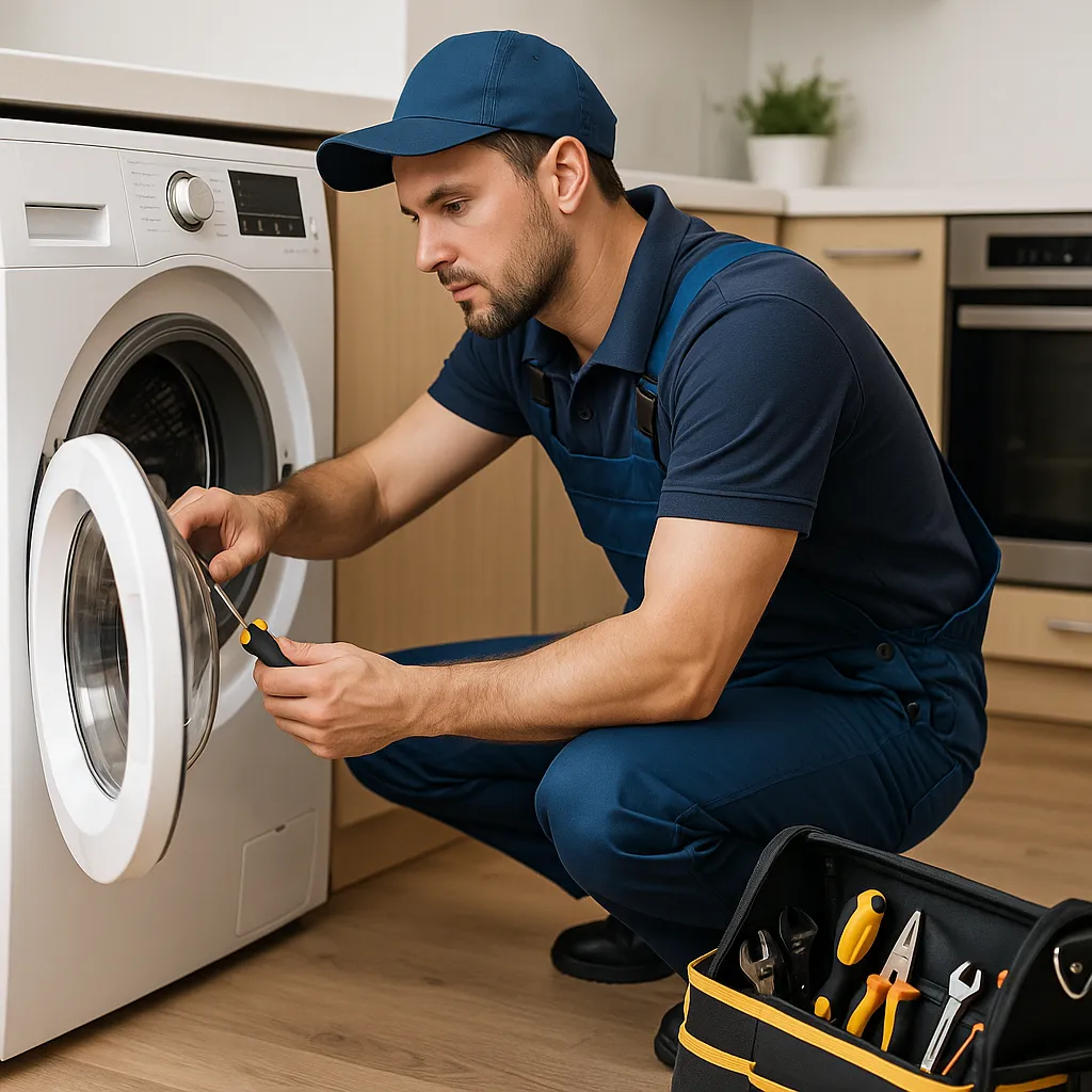 Monteur in blauwe overall repareert wasmachine in moderne keuken met open gereedschapskist.