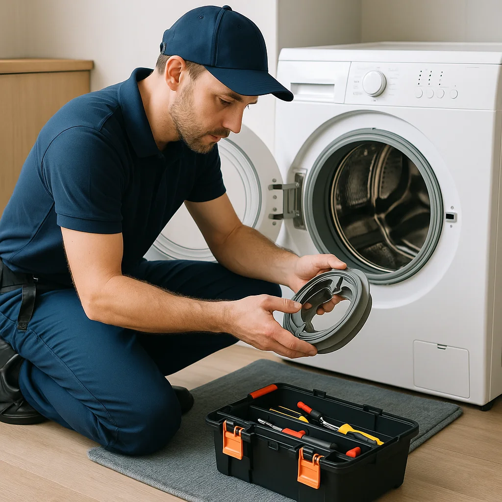 Monteur inspecteert wasmachine met gereedschapskoffer tijdens witgoed reparatie aan huis