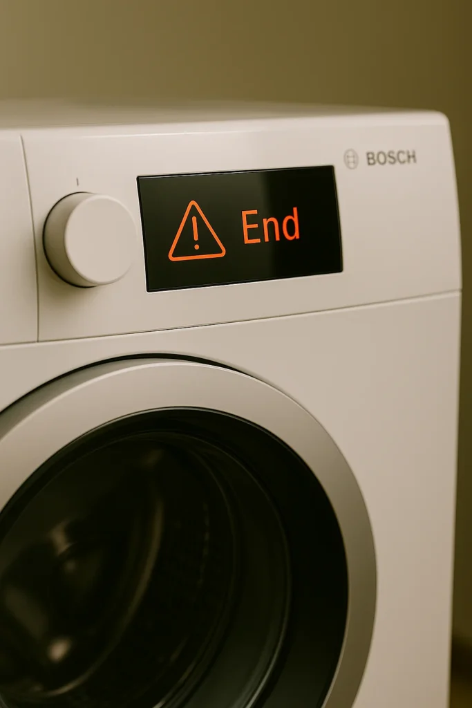 Bosch droger met foutmelding en waarschuwingssymbool op display.