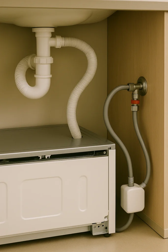 Close-up van de water- en afvoeraansluiting van een vaatwasser onder een keukenblad.