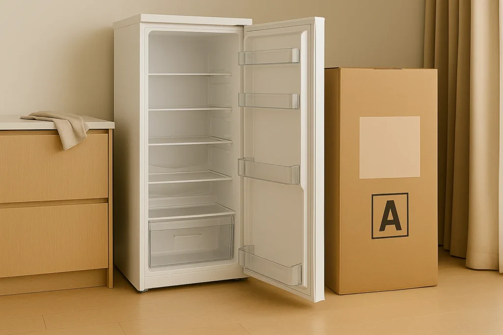 Open witte koelkast met lege planken naast een grote kartonnen doos in een moderne keuken.