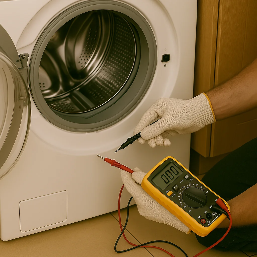 Technicus meet de weerstand van een wasmachineonderdeel met een digitale multimeter.