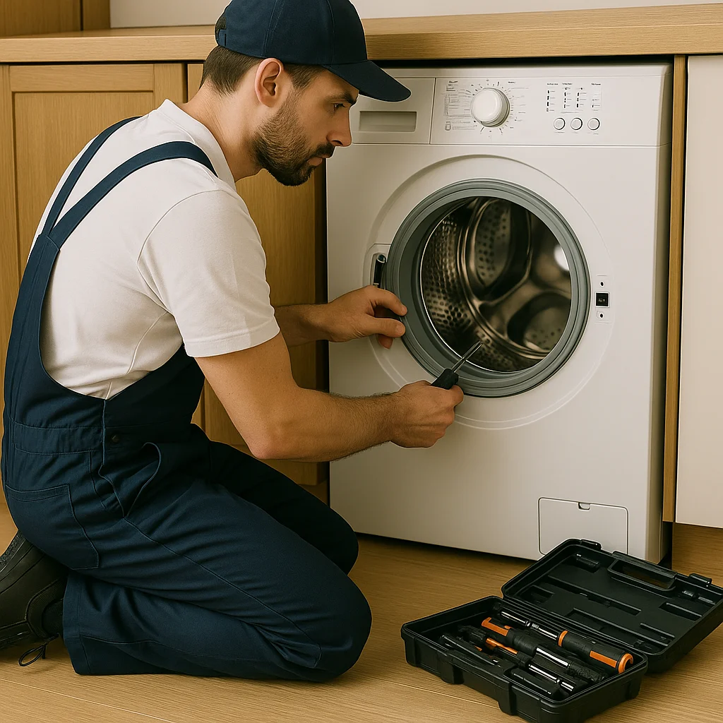 Monteur repareert een wasmachine met gereedschap in een moderne keuken.