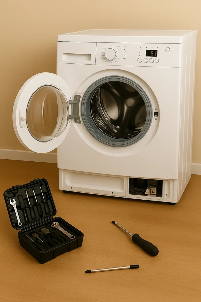 Open frontload-wasmachine met gereedschap tijdens reparatie.