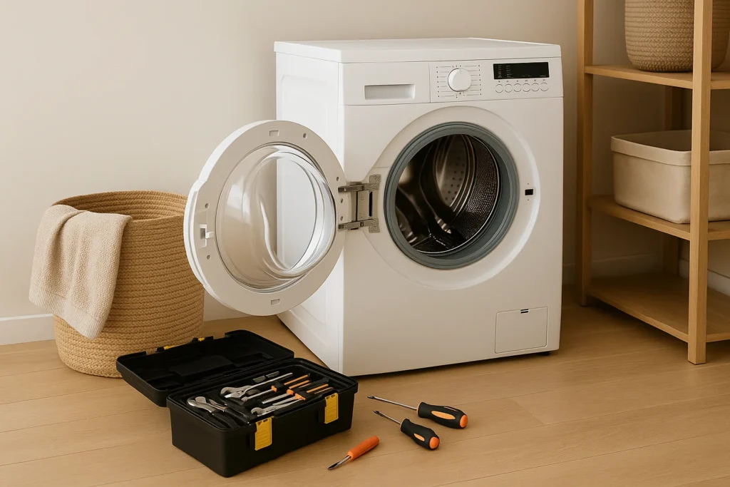 Witte voorlader-wasmachine met open deur, omringd door een gereedschapskist en schroevendraaiers, in een moderne wasruimte.