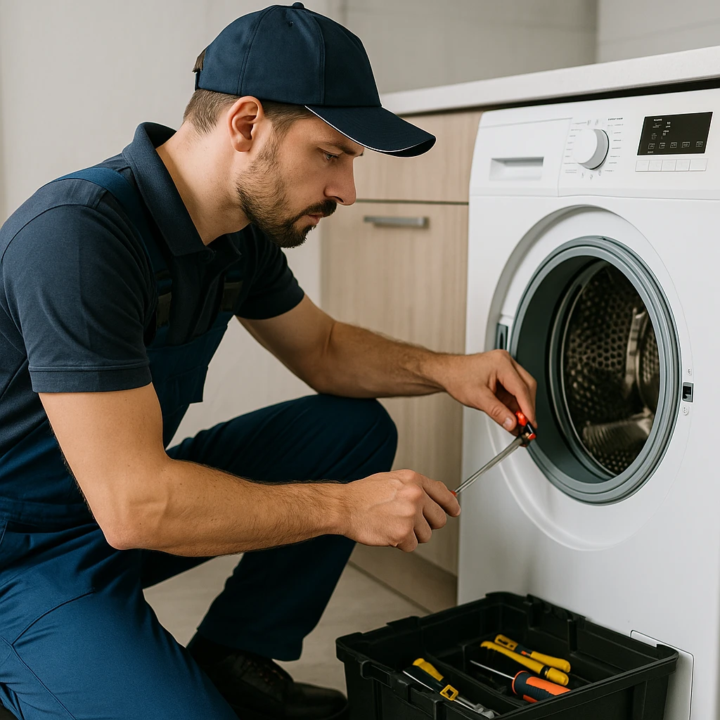 Technicus onderzoekt wasmachine met schroevendraaier