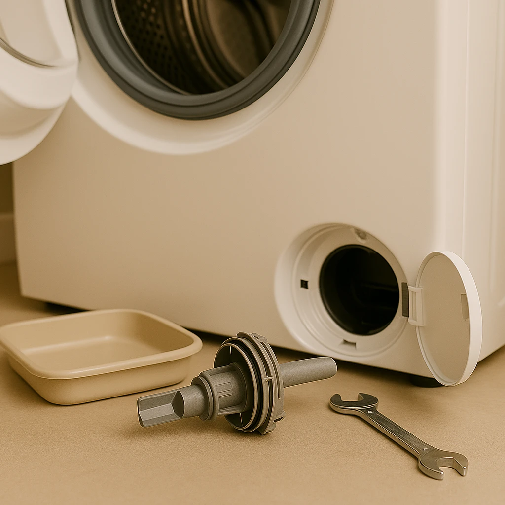 Close-up van een wasmachine met geopende serviceluik, gereedschap en verwijderd onderdeel op de vloer.