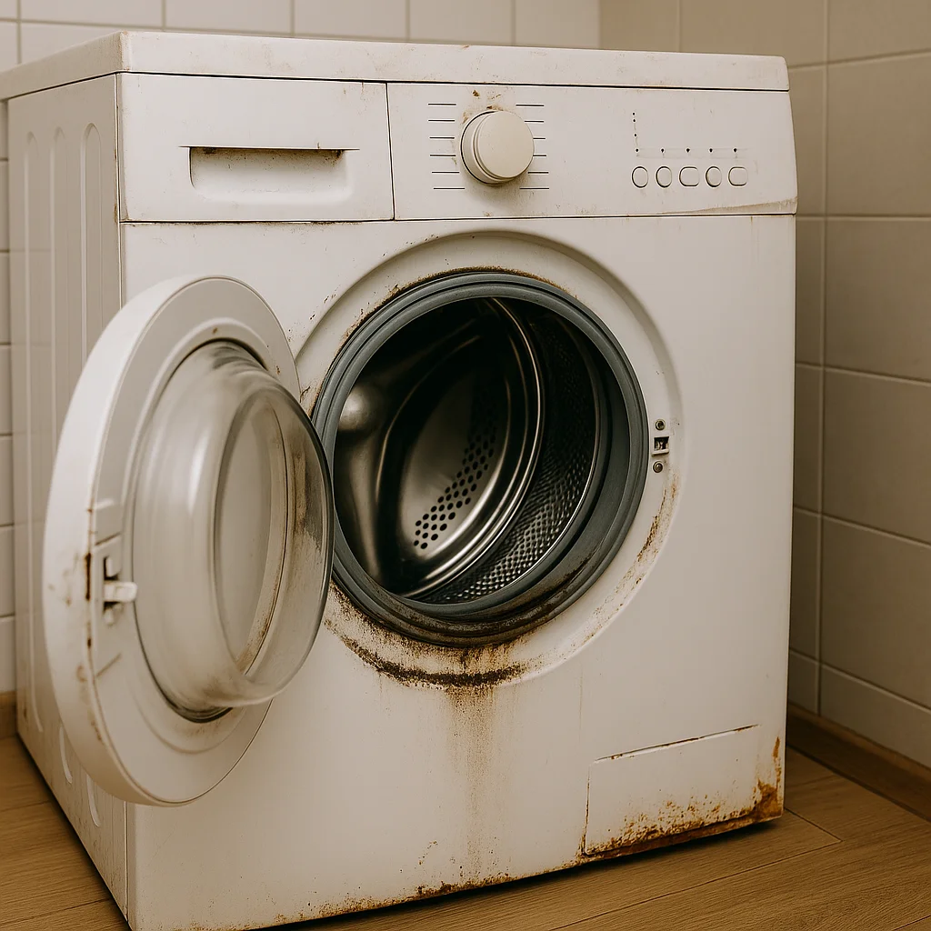 Versleten wasmachine met open deur en zichtbare slijtage.