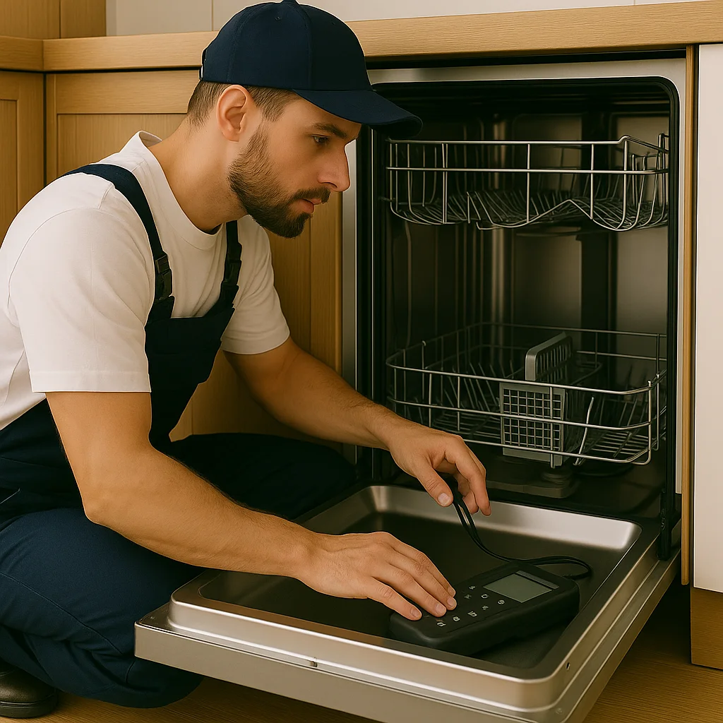 Vaatwasser monteur voert eerste inspectie uit aan ingebouwde vaatwasser in moderne keuken.