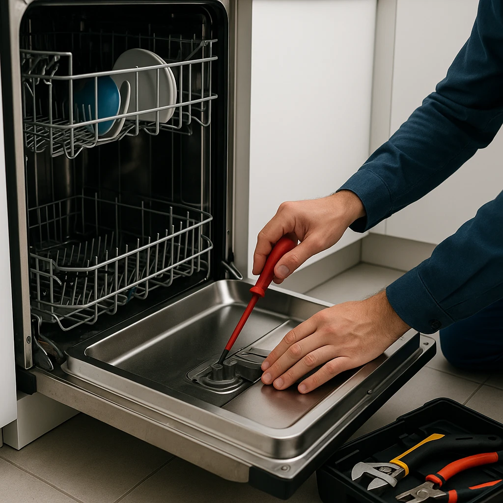 Technicus voert een reparatie uit aan de binnenzijde van een open vaatwasser