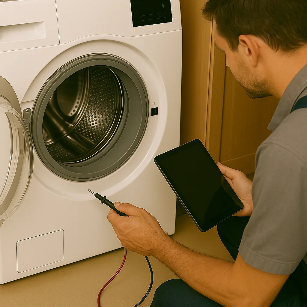 Wasmachine monteur controleert een front-load wasmachine met een multimeter en tablet.