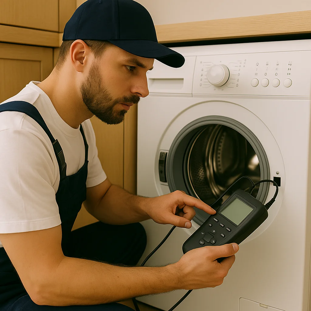 Wasmachine monteur voert digitale diagnose uit met uitleesapparaat en controleert foutcodes op het display.