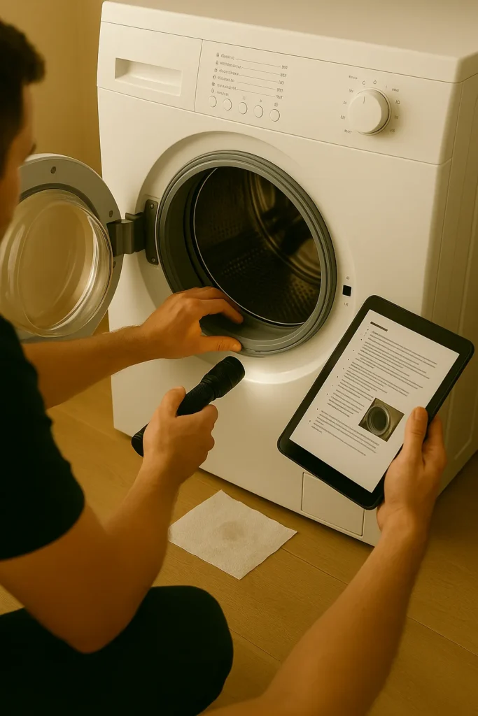 Monteur inspecteert rubber manchet van wasmachine met zaklamp en tablet