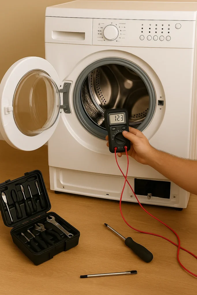 Technicus test wasmachinecomponenten met een multimeter.
