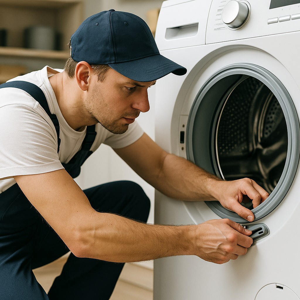 Witgoedmonteur inspecteert de deur van een frontload wasmachine in een keuken