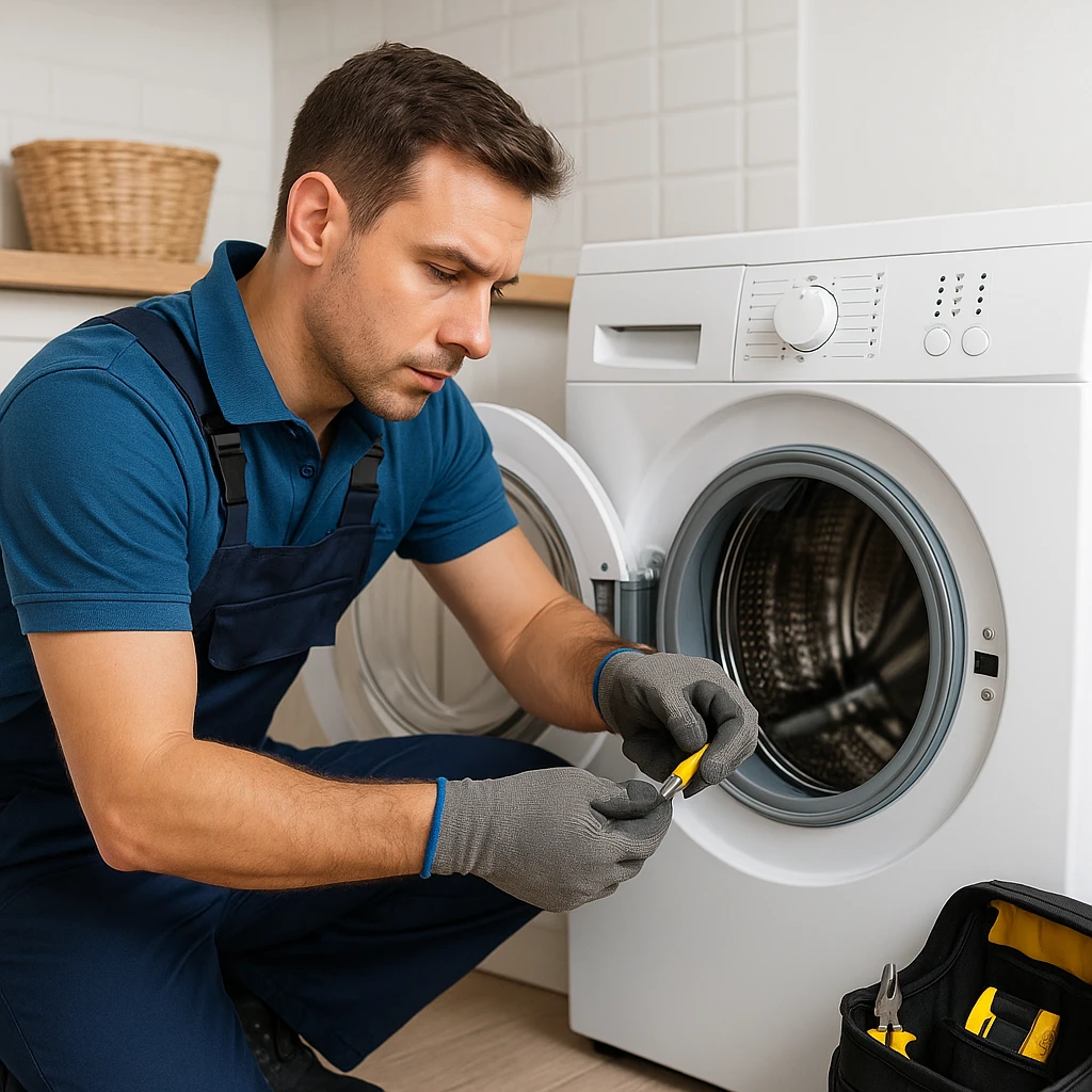 Monteur repareert wasmachine met precisiegereedschap