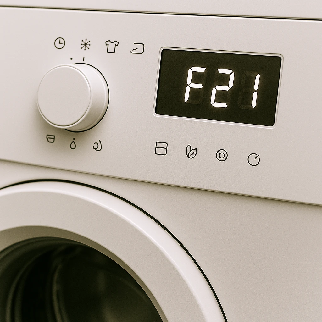 Close-up van een wasmachine met foutcode F21 op het digitale display.
