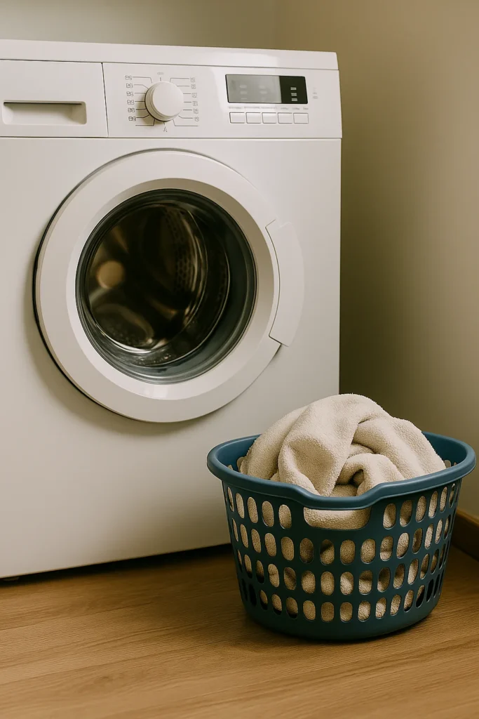 Voorlader wasmachine met blauwe wasmand en handdoek.