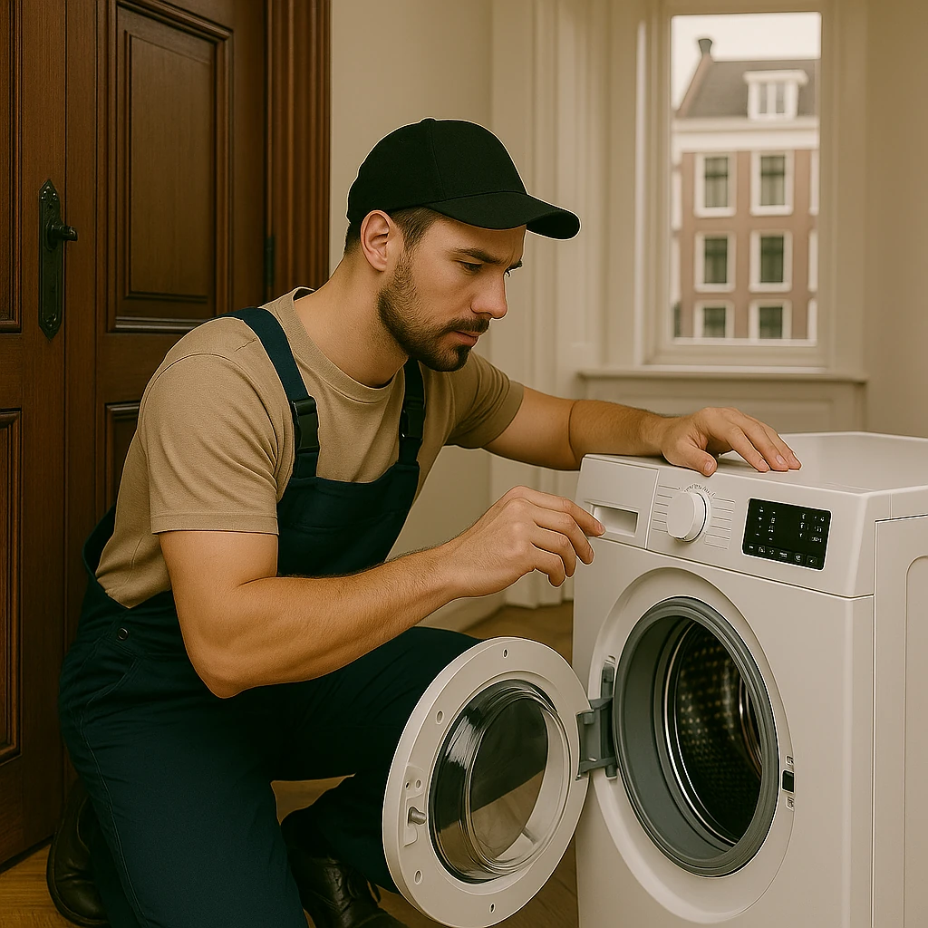 Monteur controleert een wasmachine in een Amsterdams appartement.