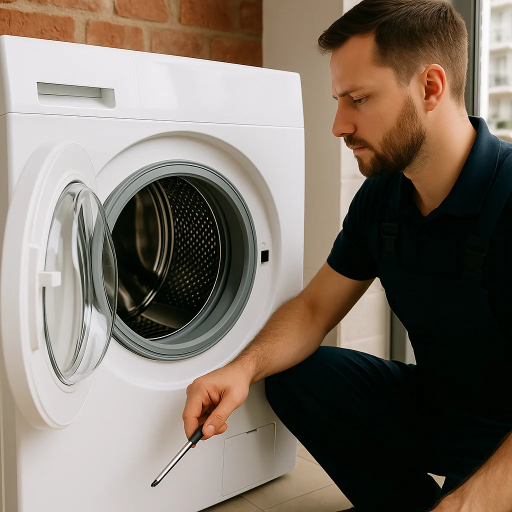Monteur repareert een voorlader-wasmachine.
