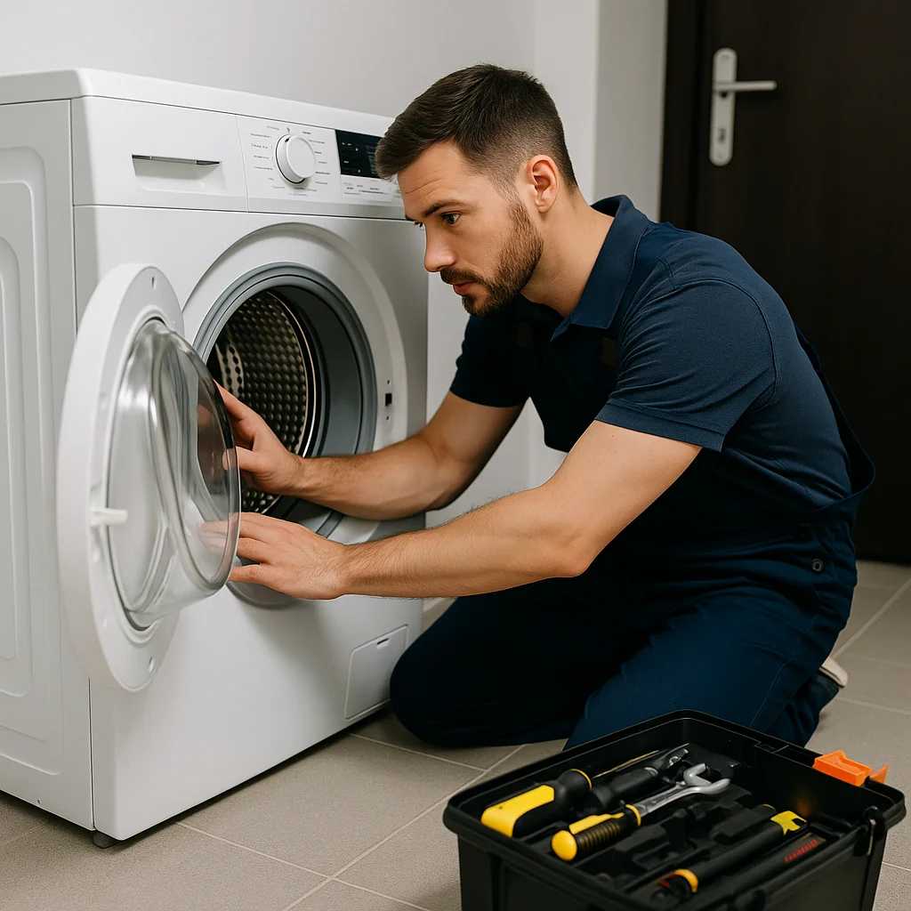 Monteur inspecteert wasmachine met gereedschapskist op de vloer