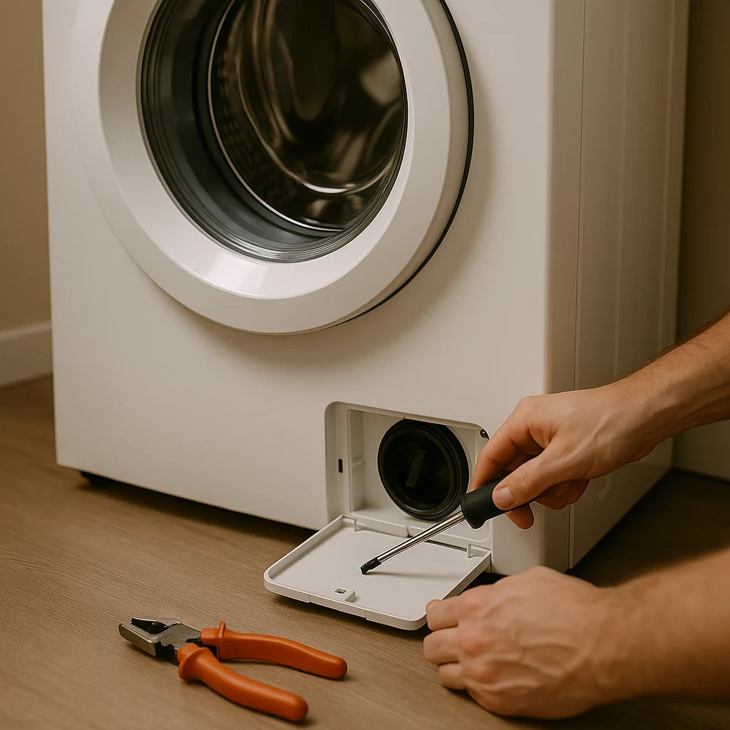 Technicus opent het pompfilter van een witte voorlader wasmachine met een schroevendraaier.