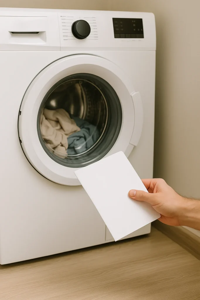 Hand met document naast een moderne wasmachine.